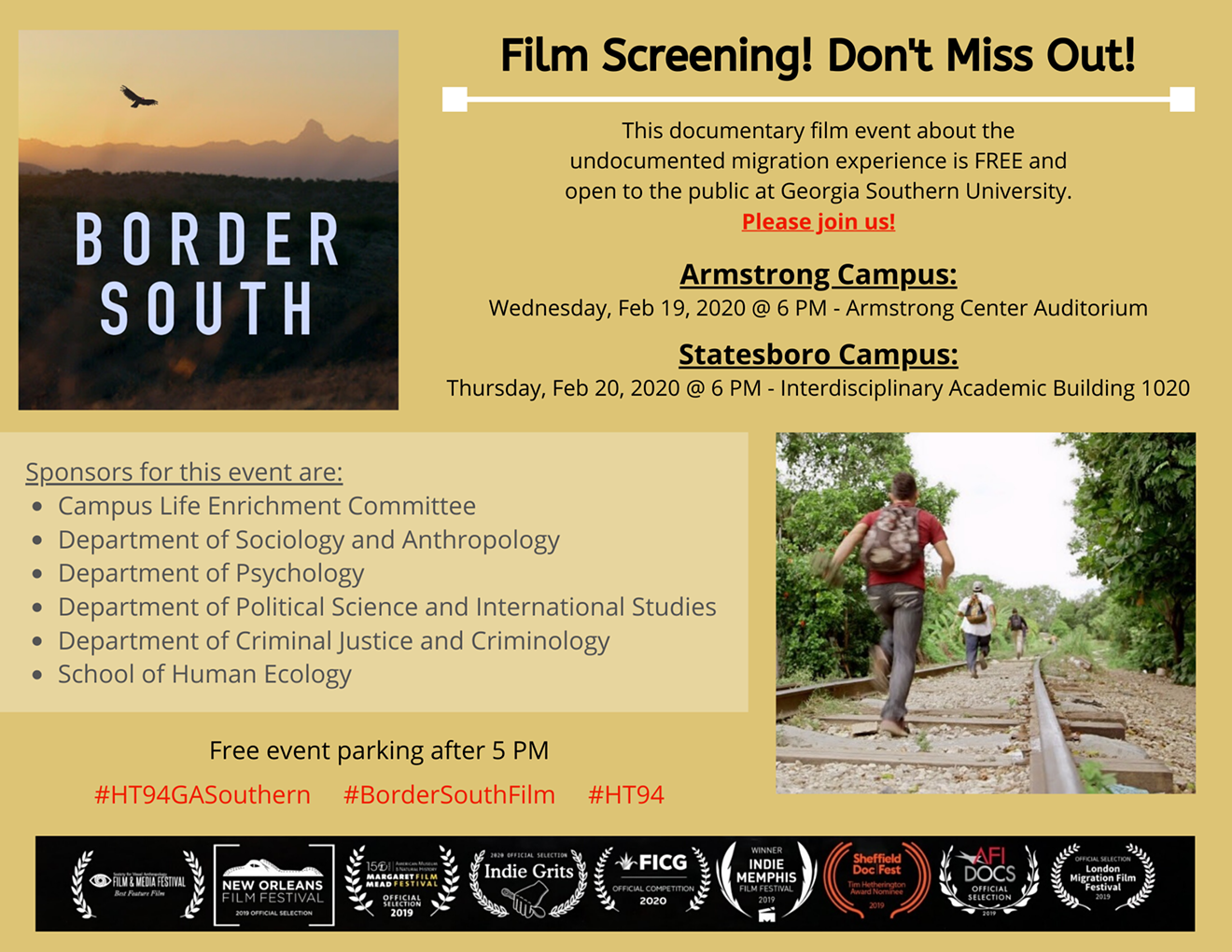 Event flier for "Border South" screening event