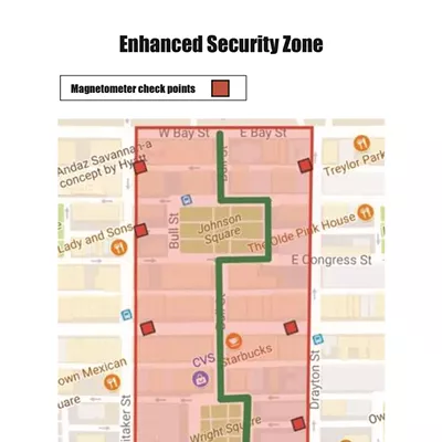 Image: Large 'Enhanced Security Zone' set for Pence visit; includes multiple checkpoints for entry