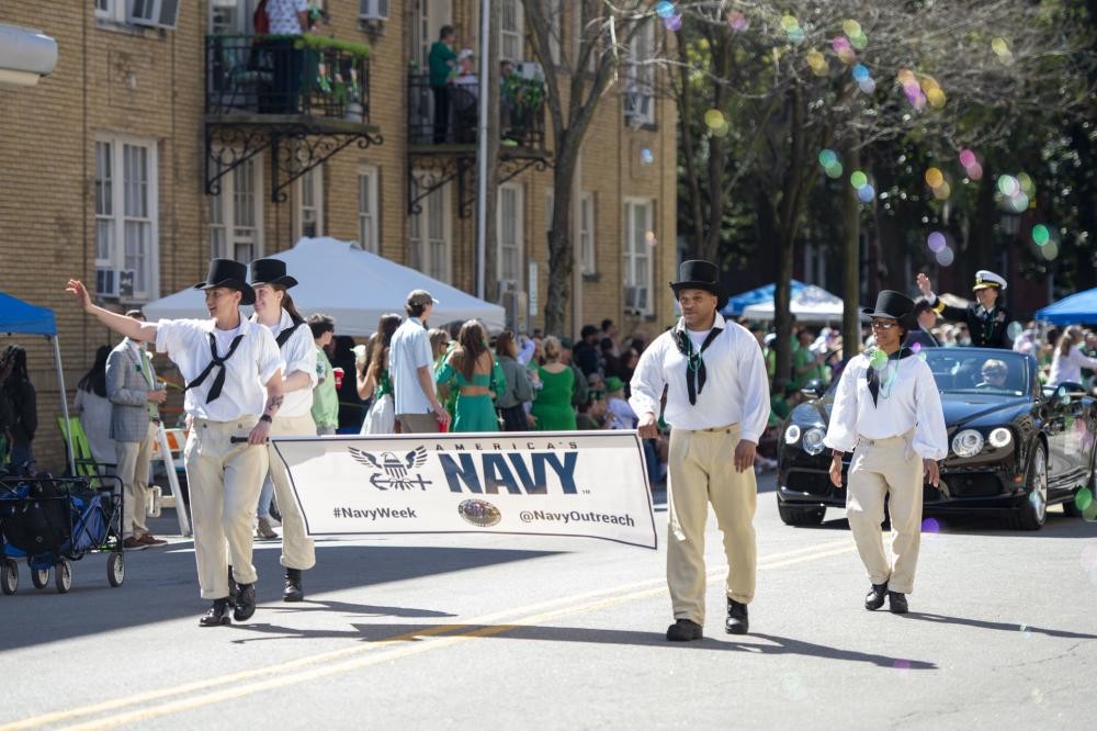 Sailors assigned to USS Constitution march in the local St. Patricks Day parade as part of the Savannah Navy Week. USS Constitution, is the world’s oldest commissioned warship afloat, and played a crucial role in the Barbary Wars and the War of 1812, actively defending sea lanes from 1797 to 1855. During normal operations, the active-duty Sailors stationed aboard USS Constitution provide free tours and offer public visitation to more than 600,000 people a year as they support the ship’s mission of promoting the Navy’s history and maritime heritage and raising awareness of the importance of a sustained naval presence.