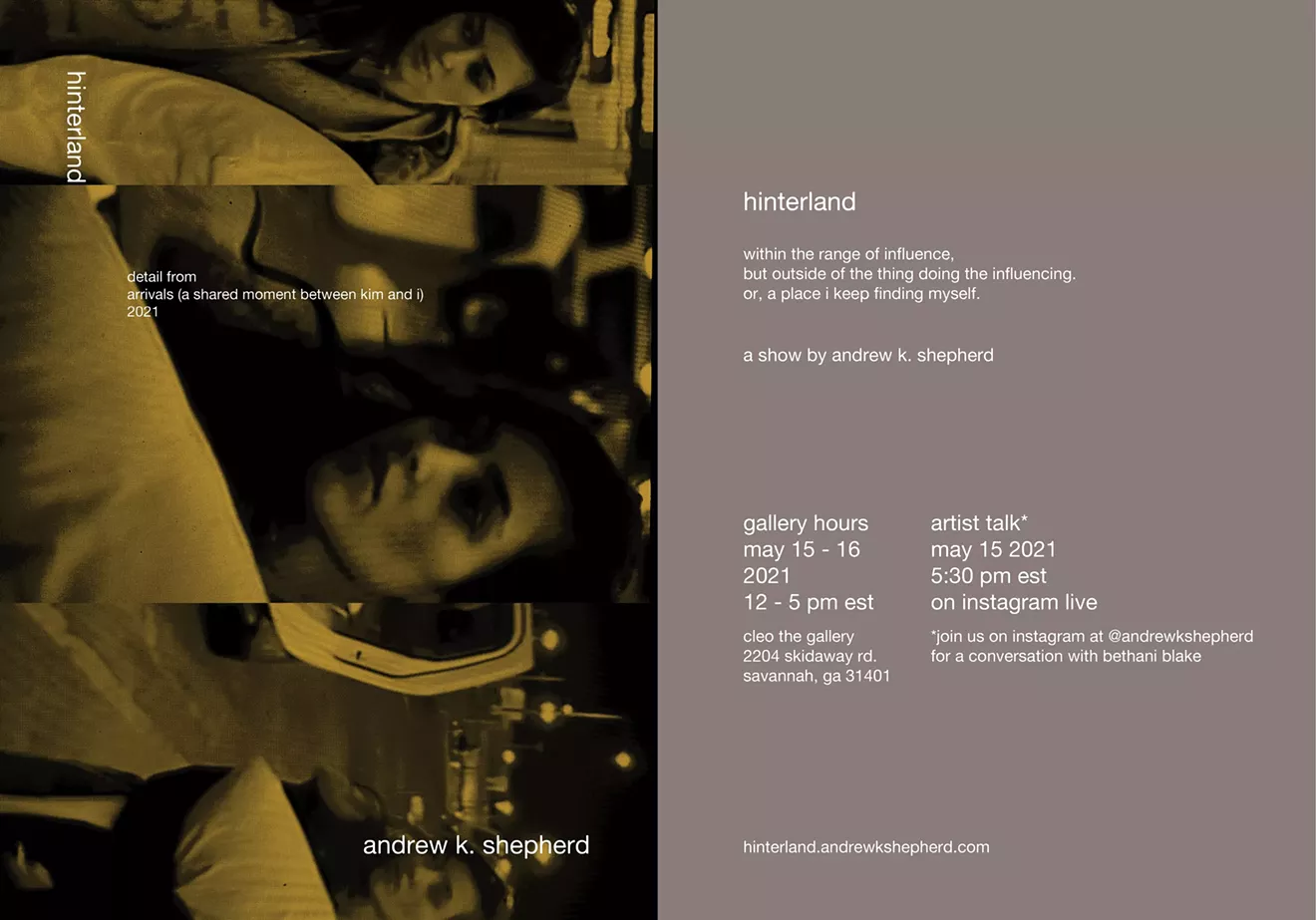 Digital showcard with black and yellow collage image of Kim Kardashian on the left, with the words 'hinterland', 'detail from arrivals (a shared moment between kim and i) 2021', and 'andrew k. shepherd'. event details are on the right half of the image, in white text on a tan background.