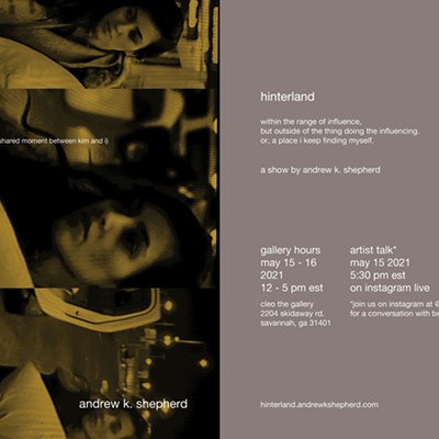 Digital showcard with black and yellow collage image of Kim Kardashian on the left, with the words 'hinterland', 'detail from arrivals (a shared moment between kim and i) 2021', and 'andrew k. shepherd'. event details are on the right half of the image, in white text on a tan background.