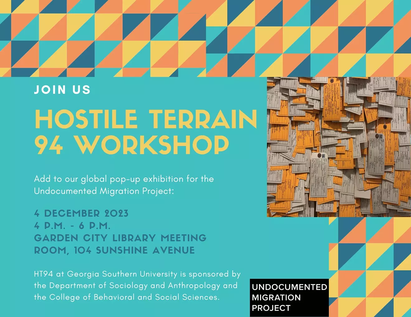 Hostile Terrain 94 Workshop flier for December 4 2023 event at Garden City Library