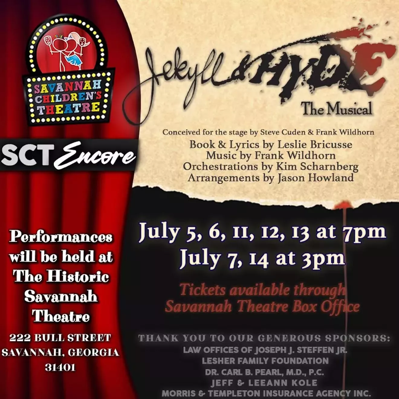 Jekyll & Hyde the Musical, live at Savannah Theatre July 5-14, 2024