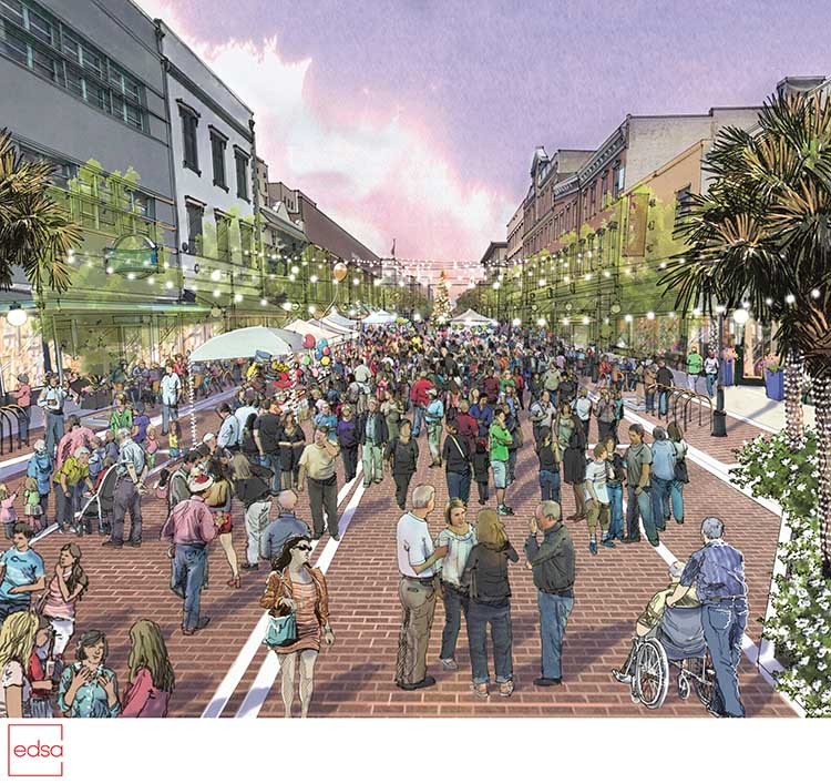 A rendering of future plans for Broughton St. shows the festival zone going in between Whitaker and Drayton streets.