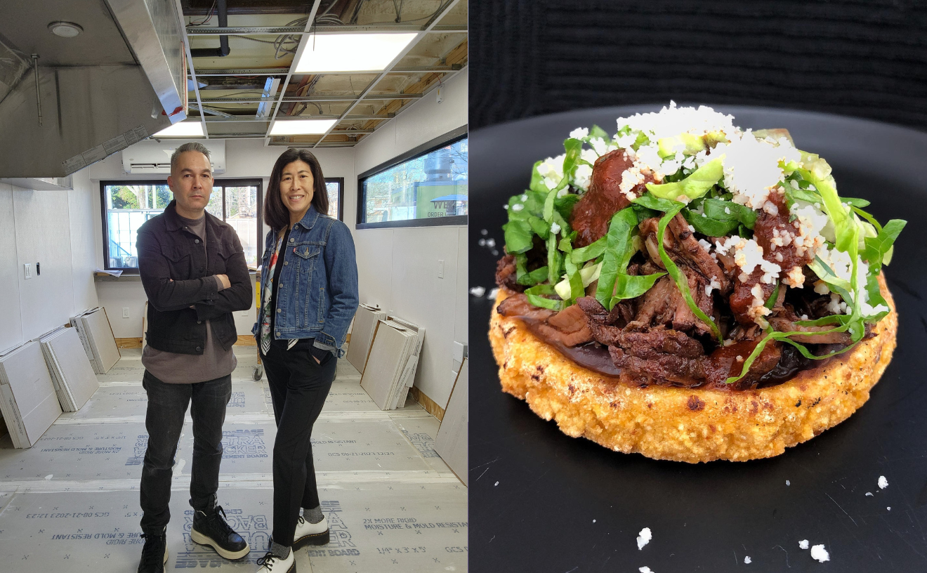Ken and Seana Corona in their bespoke shipping container shop (left) and an 'antojito' from their menu (right).