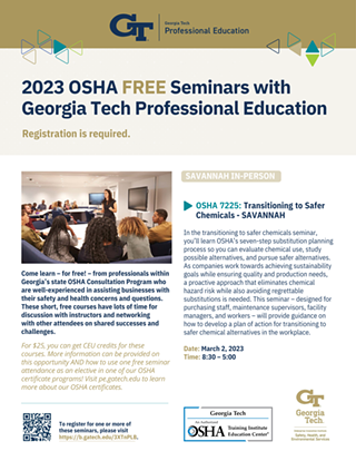 Image: Transitioning to Safer Chemicals &ndash; A Free OSHA Seminar hosted by Georgia Tech-Savannah