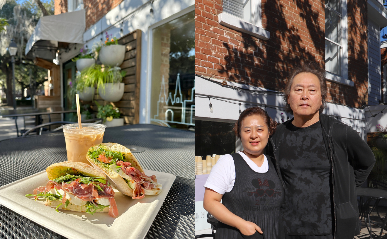 Caramel Latte and Prosciutto Sandwich (left) and owners Annette Baik and Jae Kim.