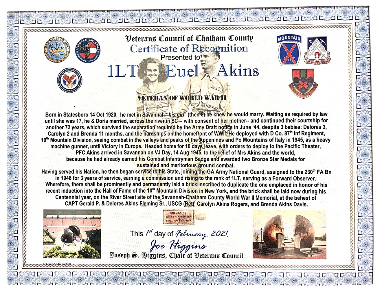 Veterans Council awards 10th Mountain Division Warrior HOF to 1LT Euel Akin